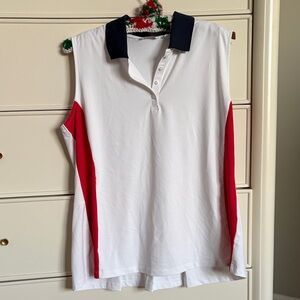 Sleeveless White Women’s Golf Shirt with Red and Navy Accents